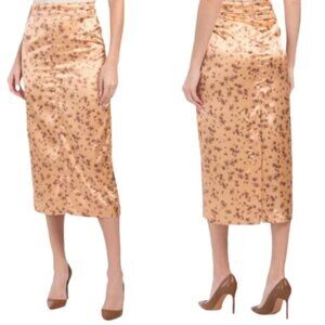 Zara Women’s Metallic Satin Floral Midi Skirt Back Slit Stretch XS